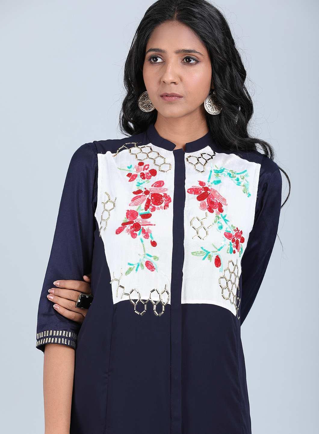 Navy Blue Floral Print kurta - wforwoman