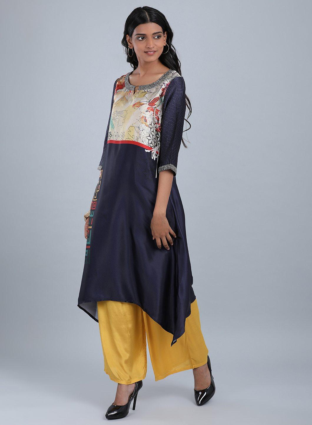 Blue Round Neck Printed kurta - wforwoman