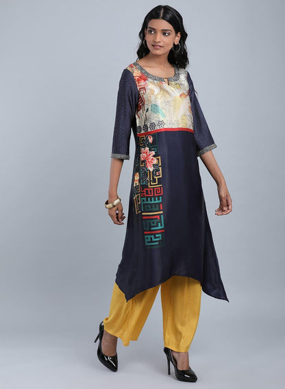 Blue Round Neck Printed kurta - wforwoman