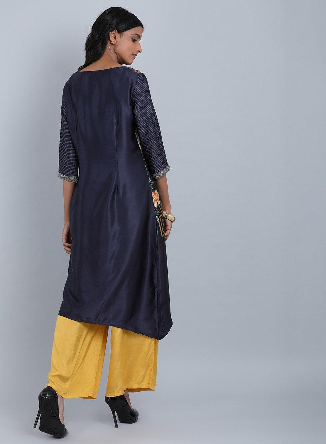 Blue Round Neck Printed kurta - wforwoman