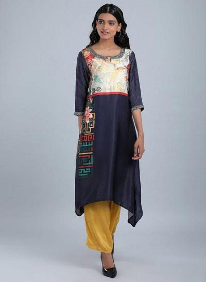 Blue Round Neck Printed kurta - wforwoman