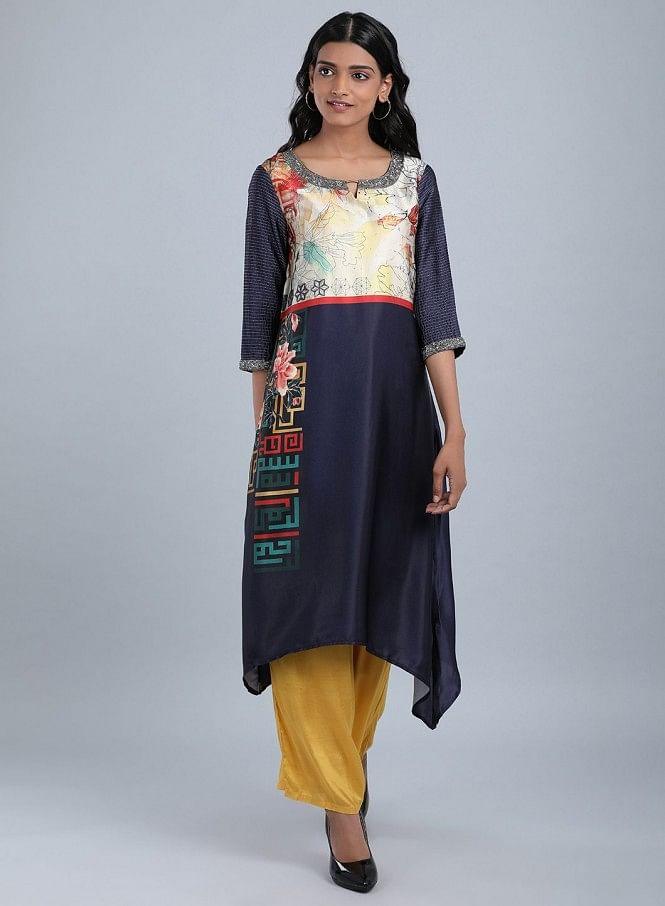 Blue Round Neck Printed kurta - wforwoman