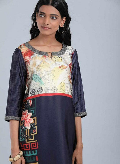 Blue Round Neck Printed kurta - wforwoman