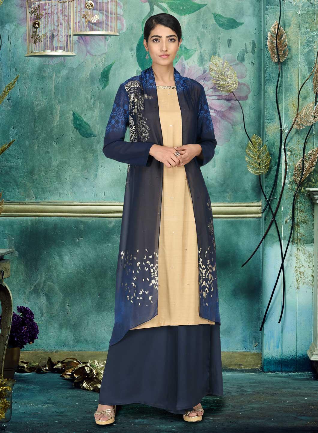 Navy Blue Round Neck Embellished kurta - wforwoman