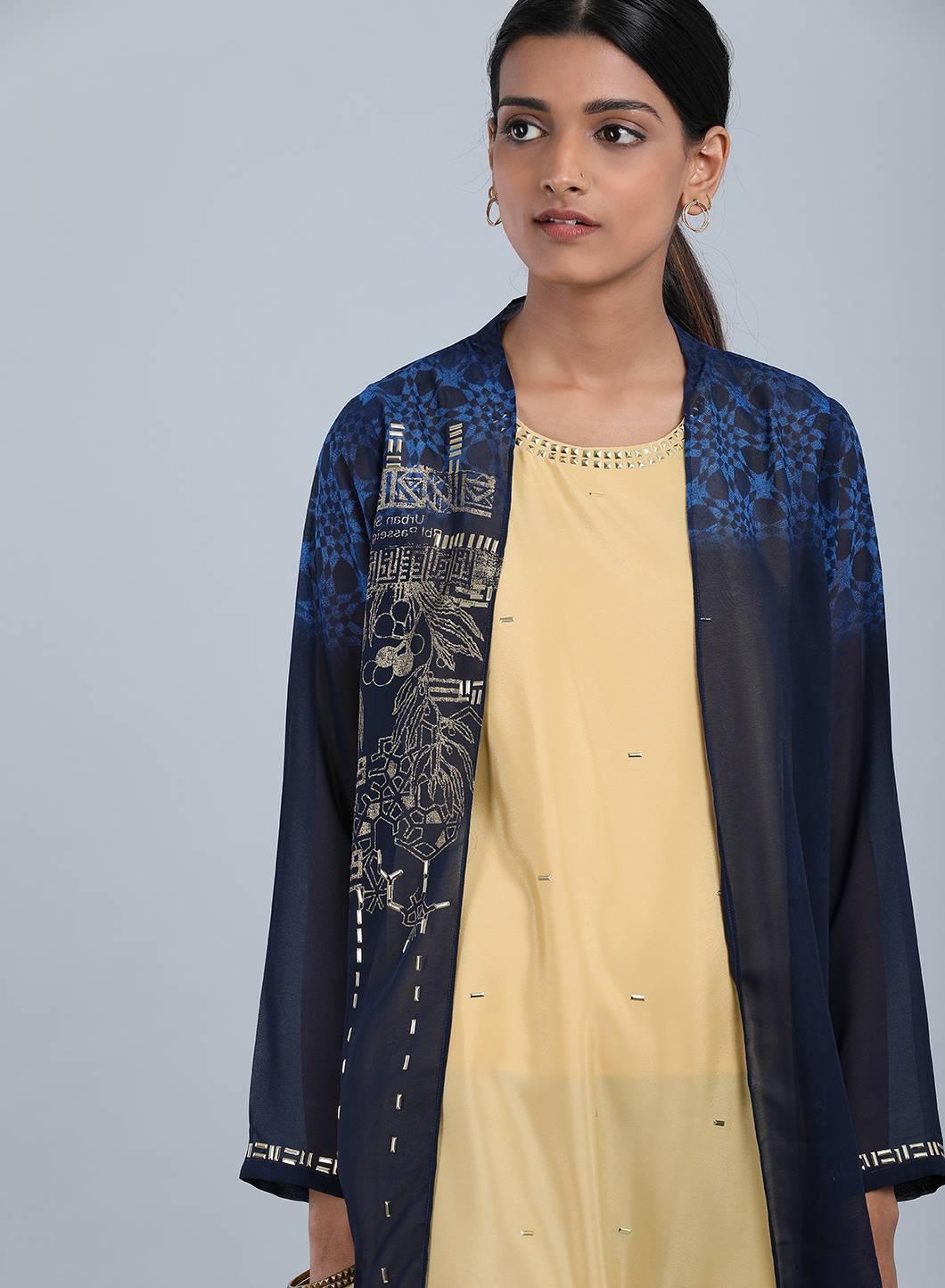 Navy Blue Round Neck Embellished kurta - wforwoman