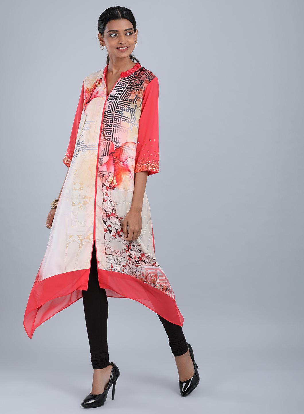 Rose Pink Mandarin Neck Floral Print kurta - wforwoman