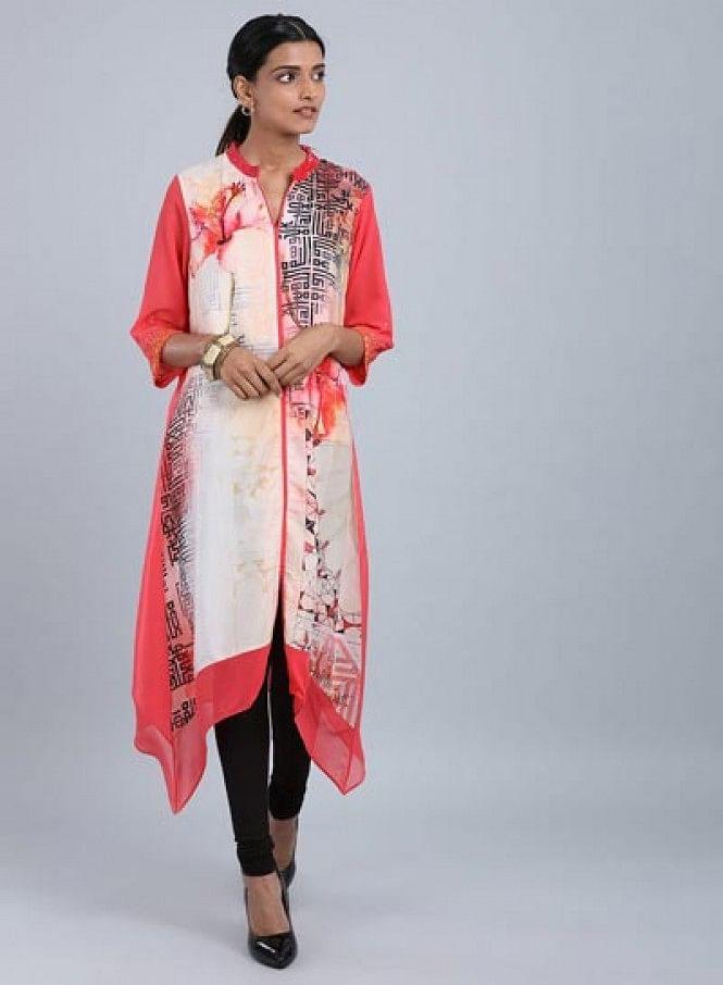 Rose Pink Mandarin Neck Floral Print kurta - wforwoman