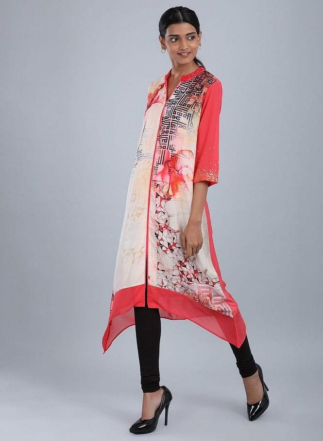 Rose Pink Mandarin Neck Floral Print kurta - wforwoman