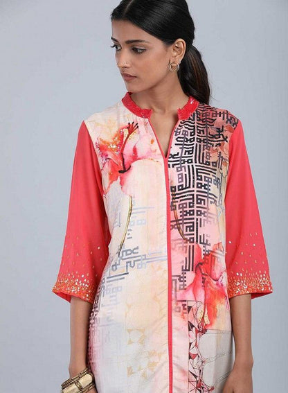 Rose Pink Mandarin Neck Floral Print kurta - wforwoman