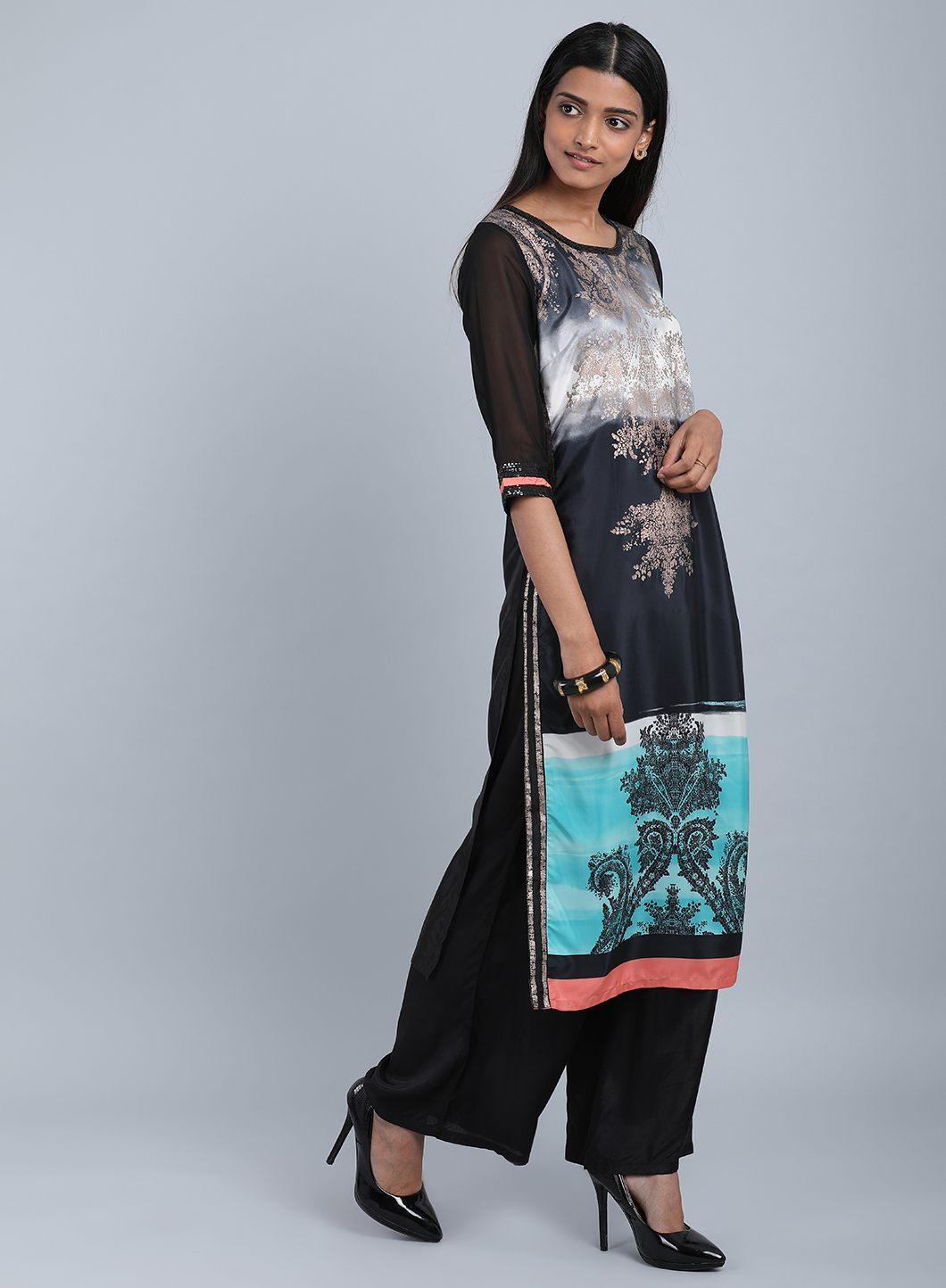 Black Round Neck Embellished kurta - wforwoman