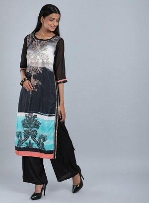 Black Round Neck Embellished kurta - wforwoman