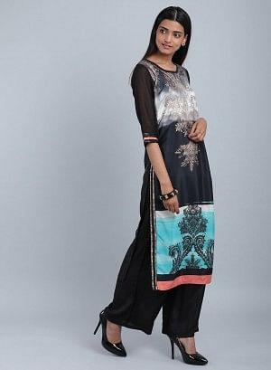 Black Round Neck Embellished kurta - wforwoman