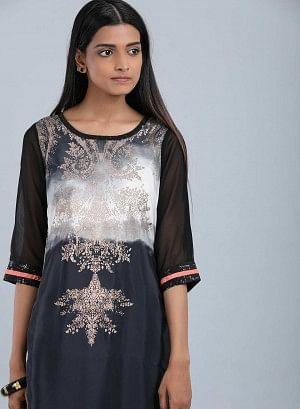 Black Round Neck Embellished kurta - wforwoman