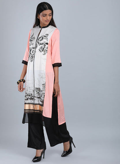 Peach Mandarin Neck Printed kurta