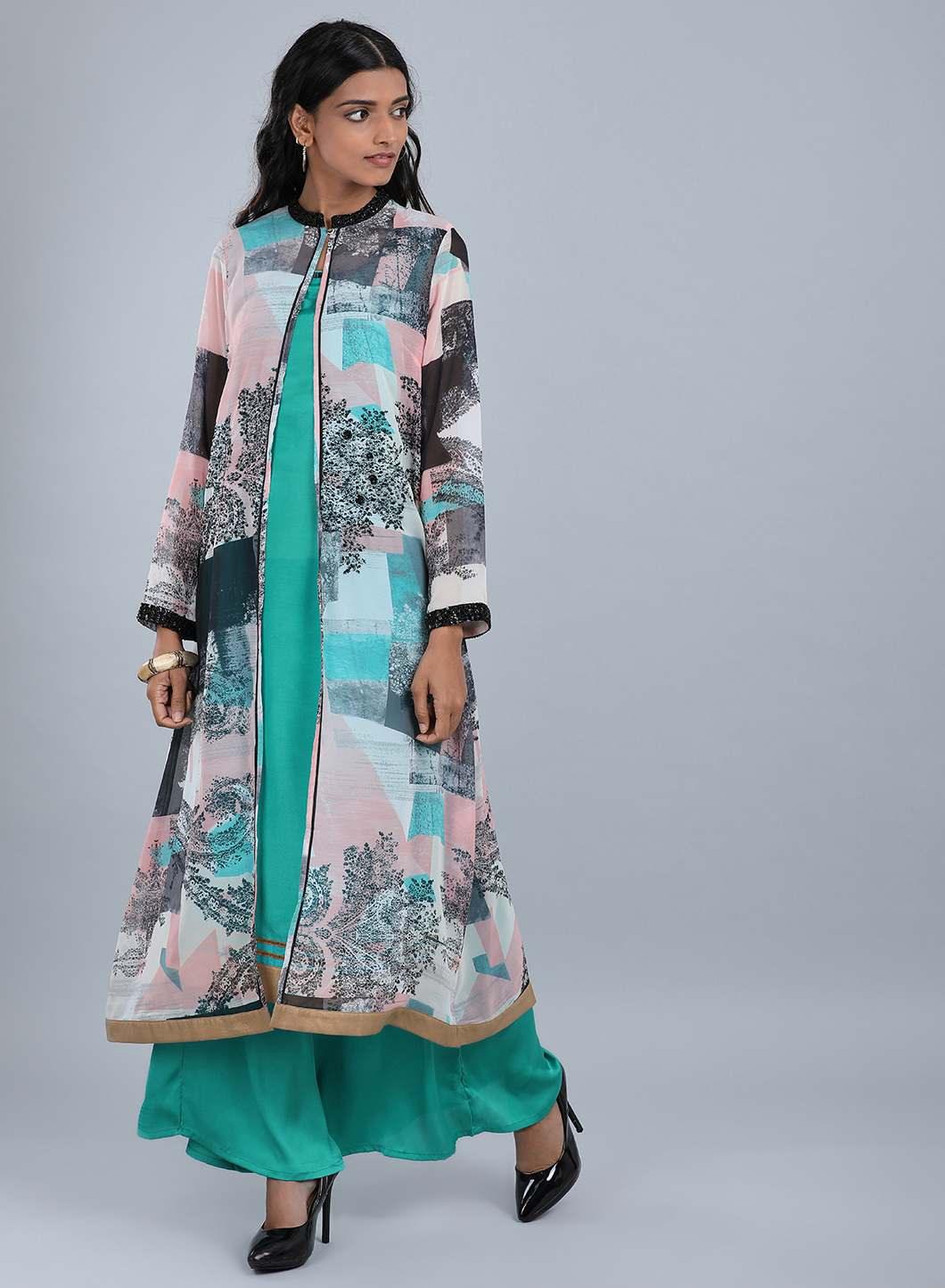 Blue Mandarin Neck Printed kurta - wforwoman