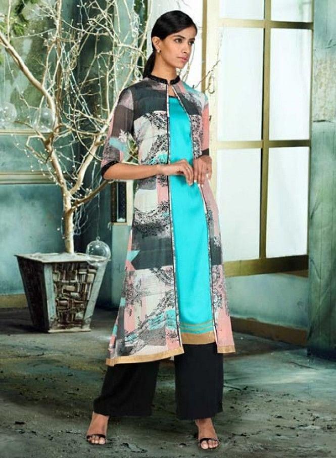 Blue Mandarin Neck Printed kurta - wforwoman