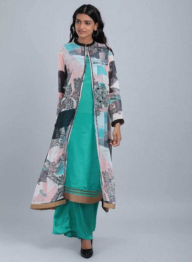 Blue Mandarin Neck Printed kurta - wforwoman