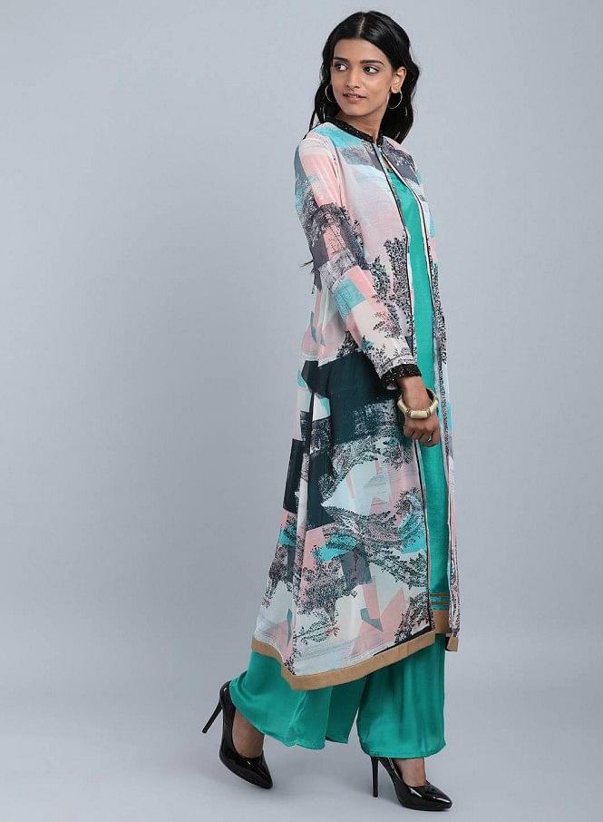 Blue Mandarin Neck Printed kurta - wforwoman