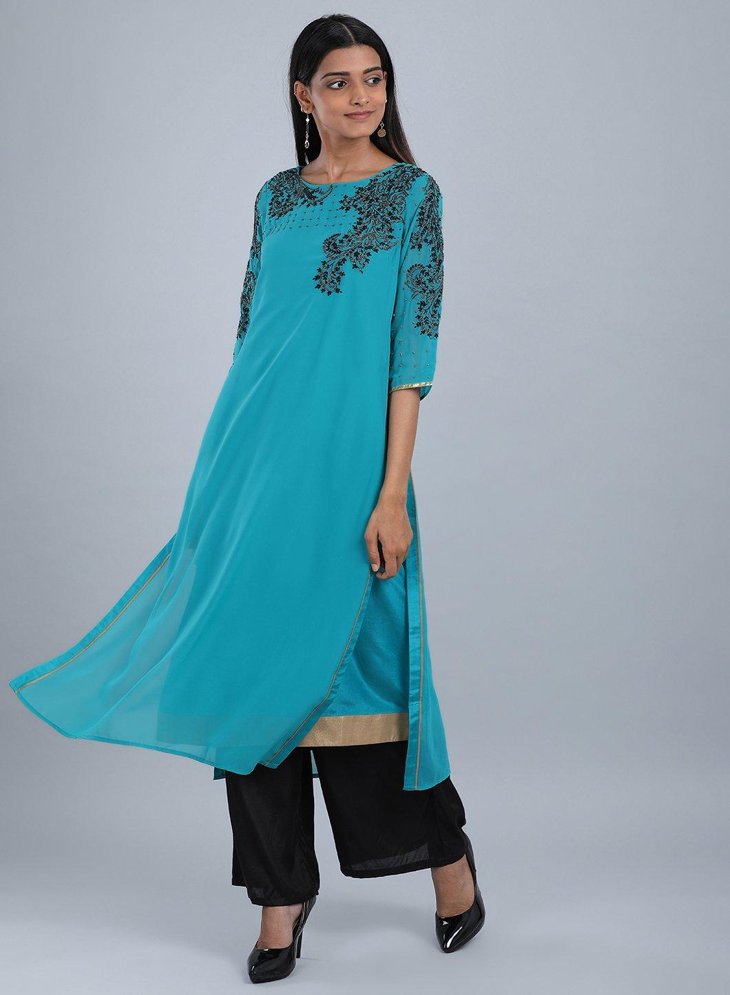 Teal Blue Round Neck Embellished kurta - wforwoman