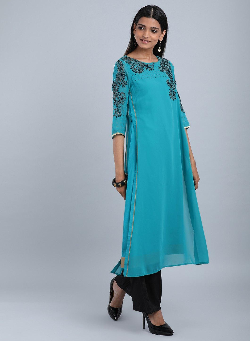 Teal Blue Round Neck Embellished kurta - wforwoman