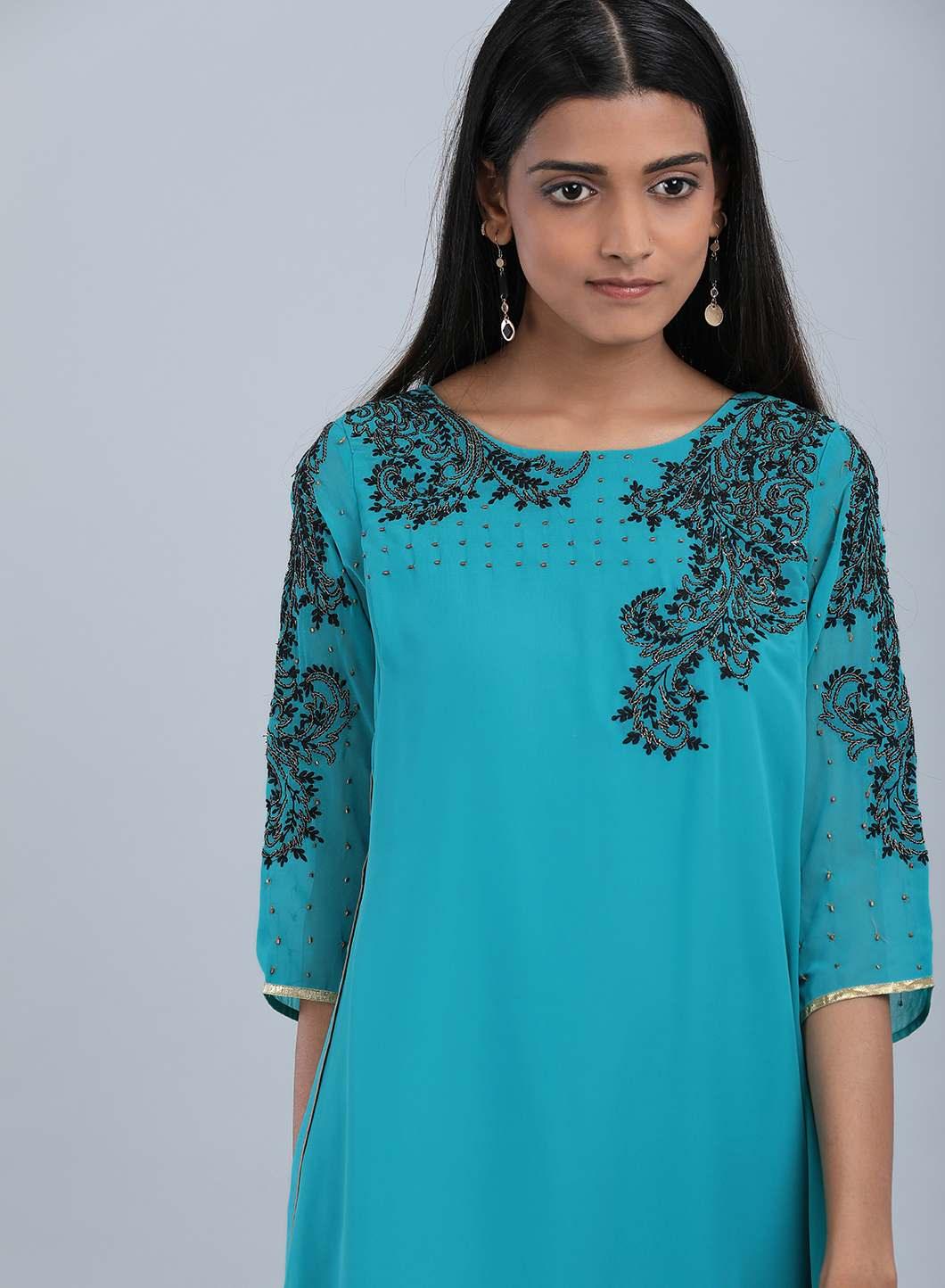 Teal Blue Round Neck Embellished kurta - wforwoman