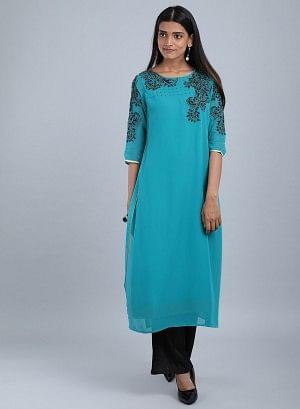 Teal Blue Round Neck Embellished kurta - wforwoman