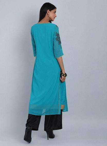 Teal Blue Round Neck Embellished kurta - wforwoman