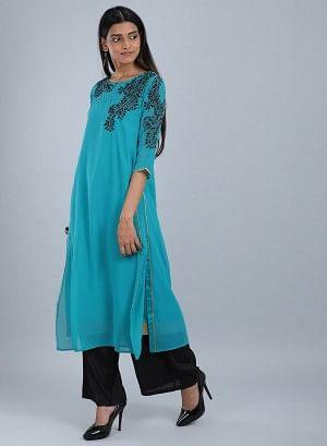 Teal Blue Round Neck Embellished kurta - wforwoman