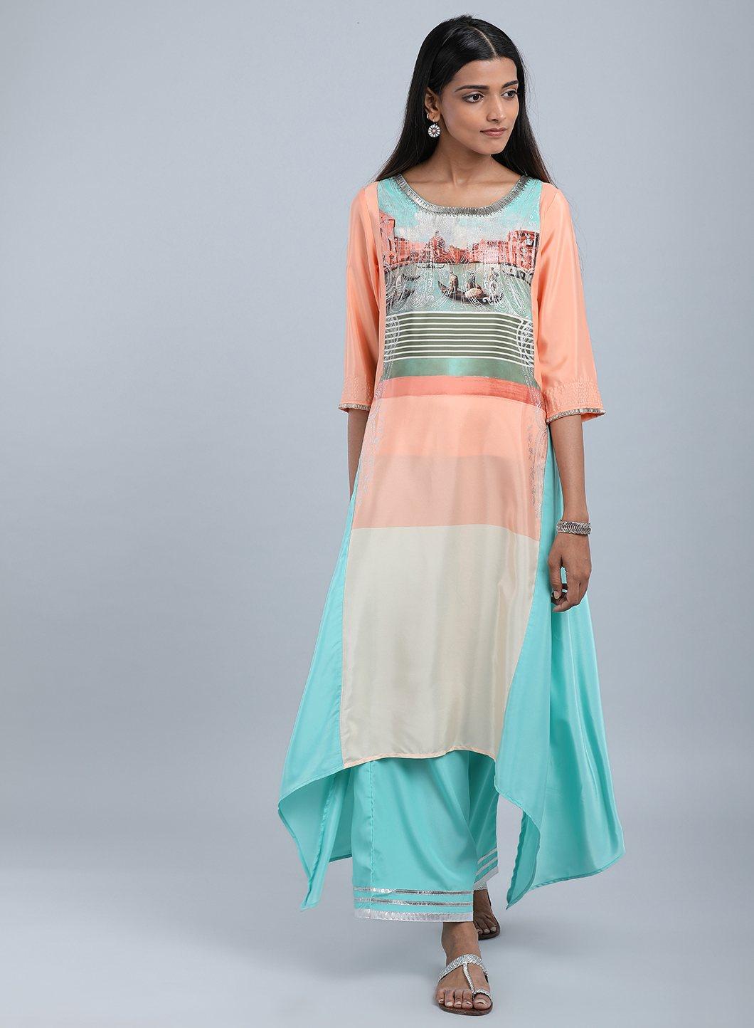 Blue &amp; Peach Round Neck Asymmetrical kurta - wforwoman