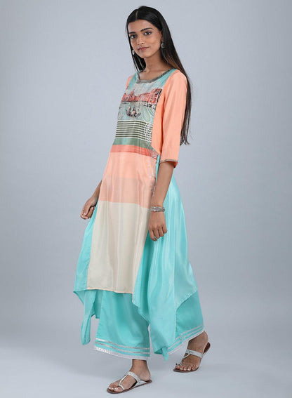 Blue &amp; Peach Round Neck Asymmetrical kurta - wforwoman