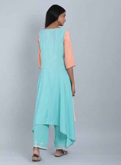 Blue &amp; Peach Round Neck Asymmetrical kurta - wforwoman