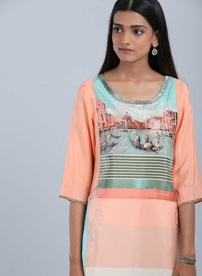 Blue &amp; Peach Round Neck Asymmetrical kurta - wforwoman