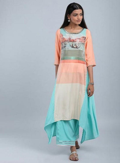 Blue &amp; Peach Round Neck Asymmetrical kurta - wforwoman