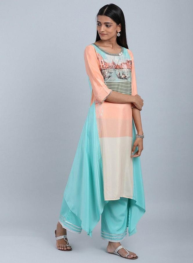 Blue &amp; Peach Round Neck Asymmetrical kurta - wforwoman