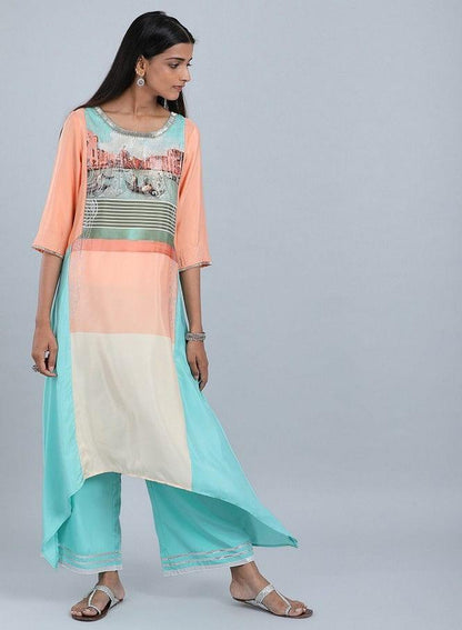 Blue &amp; Peach Round Neck Asymmetrical kurta - wforwoman