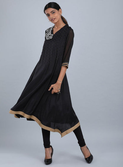 Black V Neck Embellished kurta - wforwoman