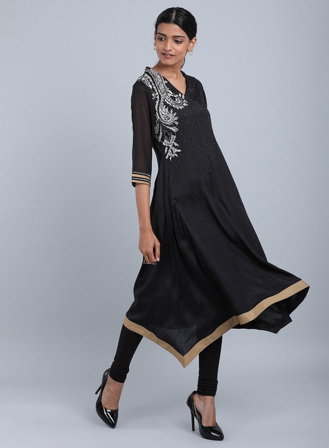 Black V Neck Embellished kurta - wforwoman