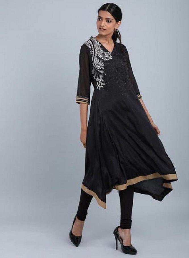 Black V Neck Embellished kurta - wforwoman