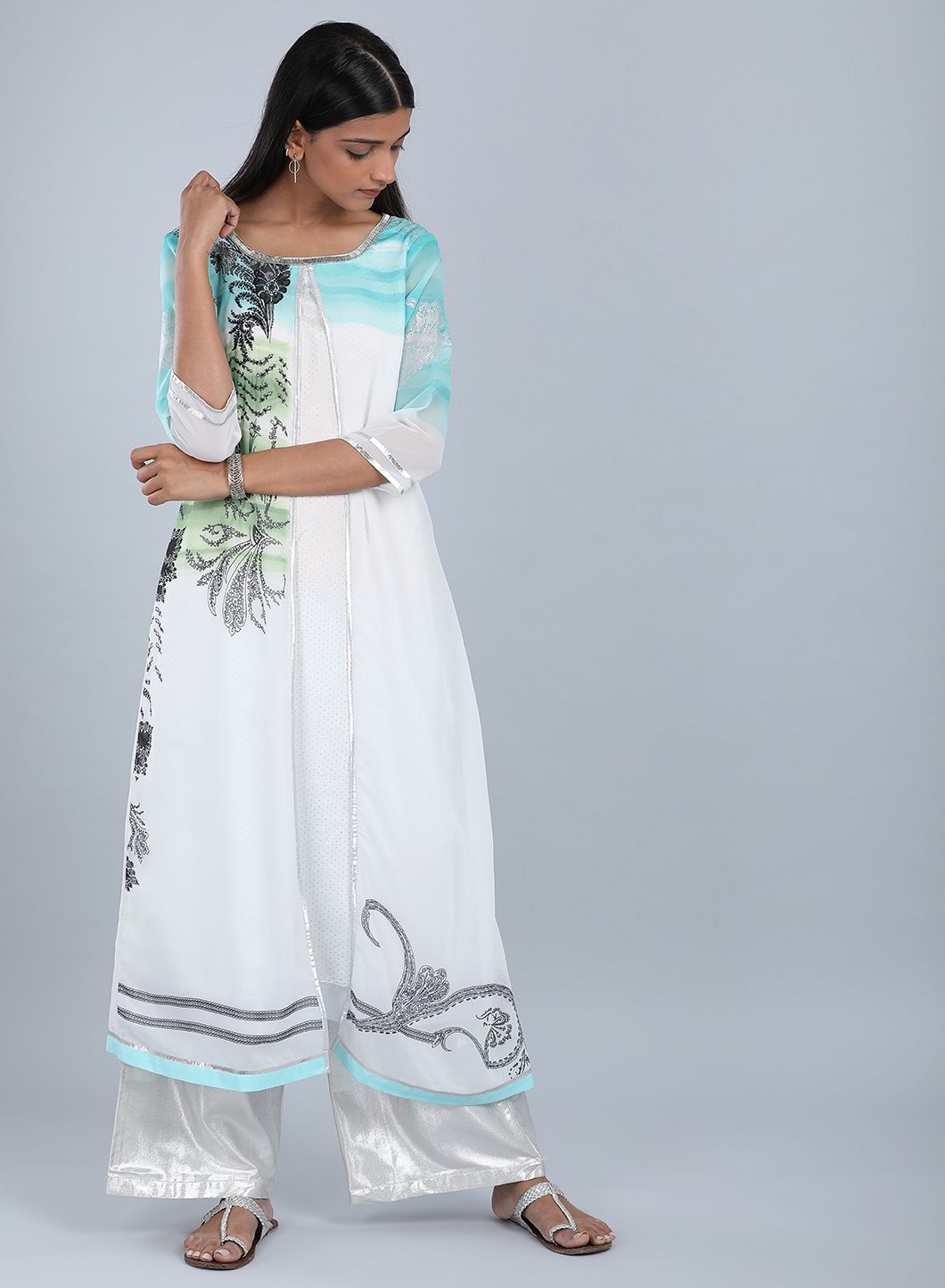 Blue &amp; White Round Neck Printed kurta