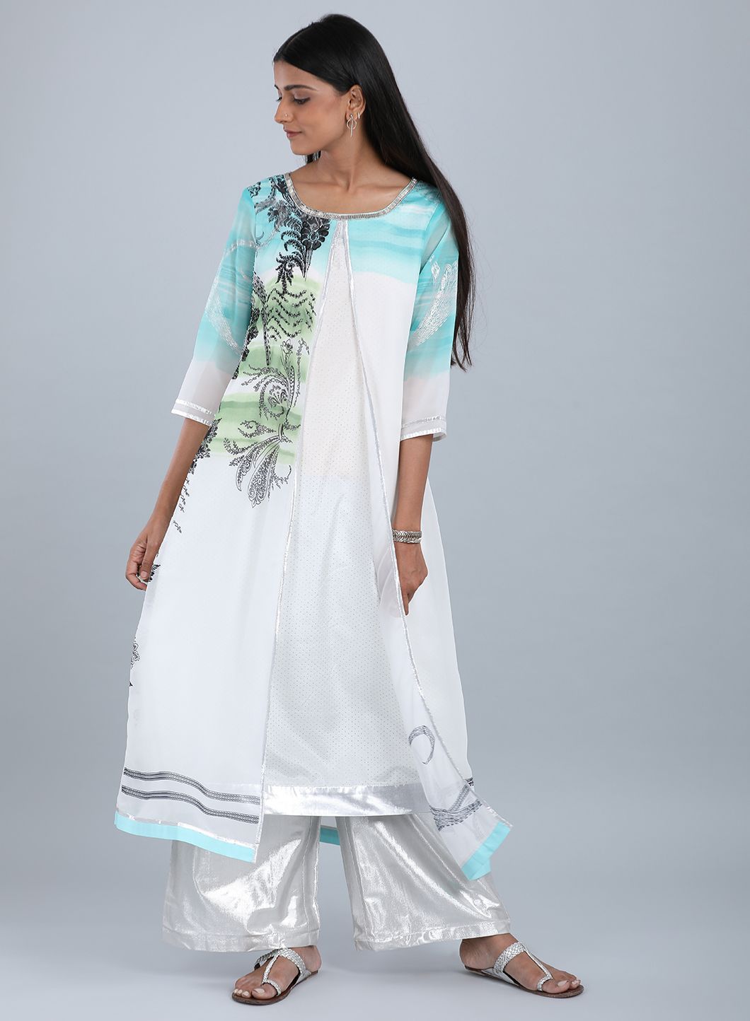 Blue &amp; White Round Neck Printed kurta