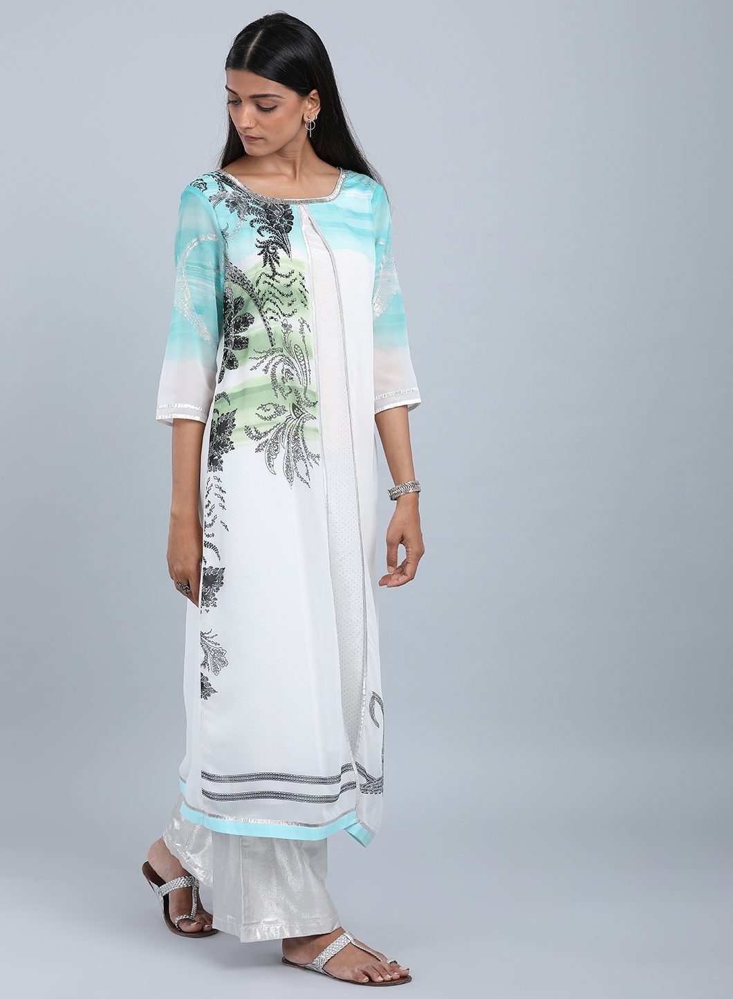 Blue &amp; White Round Neck Printed kurta