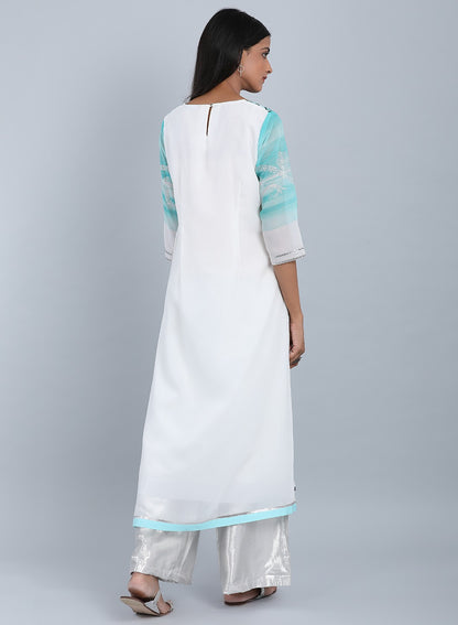 Blue &amp; White Round Neck Printed kurta