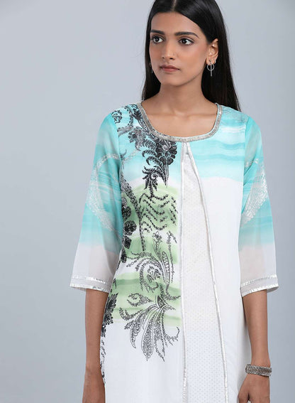 Blue &amp; White Round Neck Printed kurta