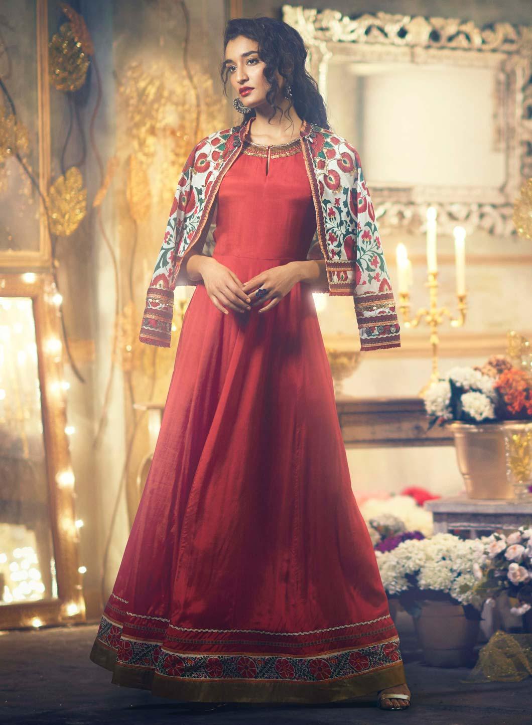 Red Flared Embellished Mughal Gown - wforwoman