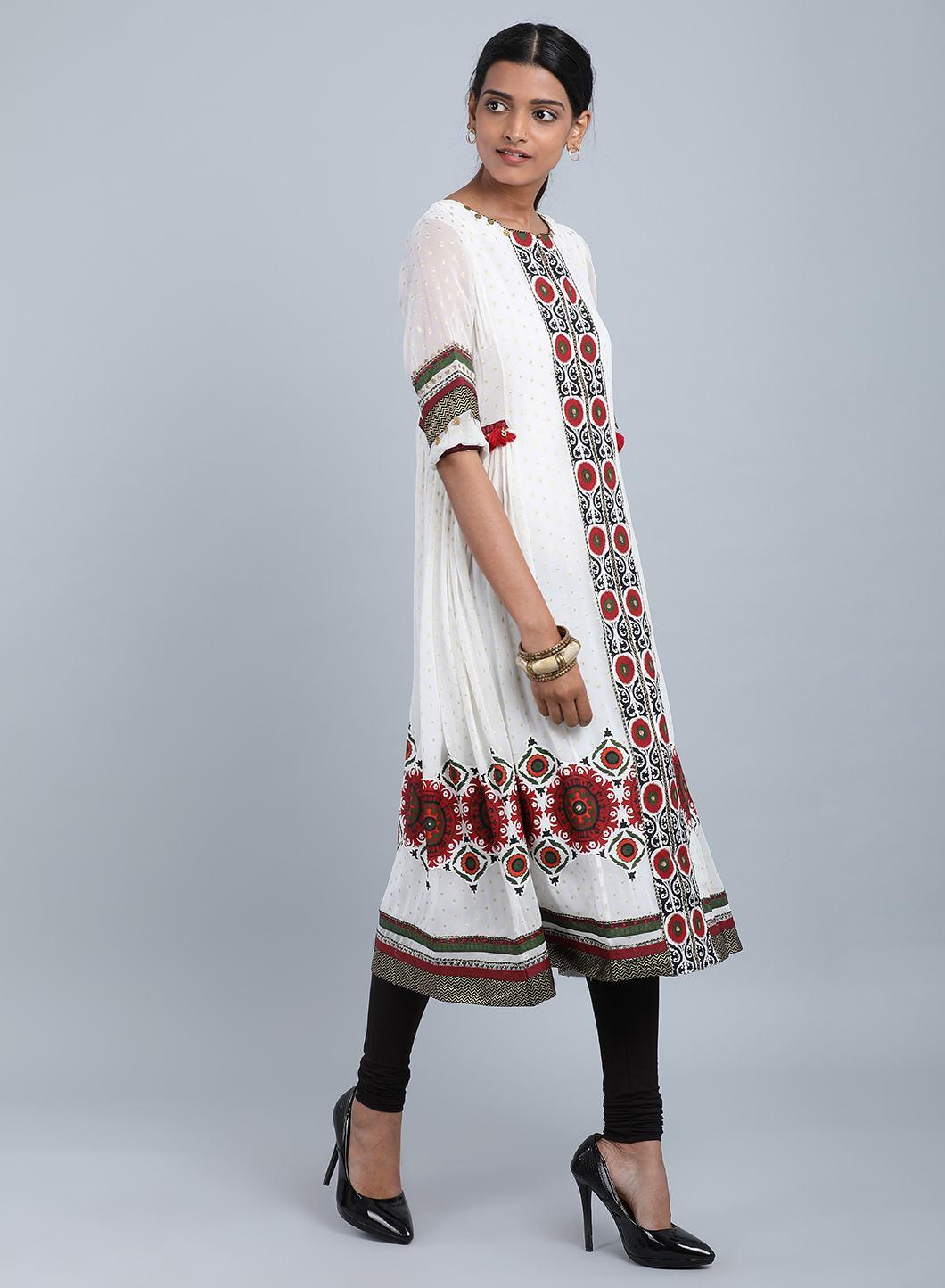 Ecru Round Neck Embellished kurta - wforwoman