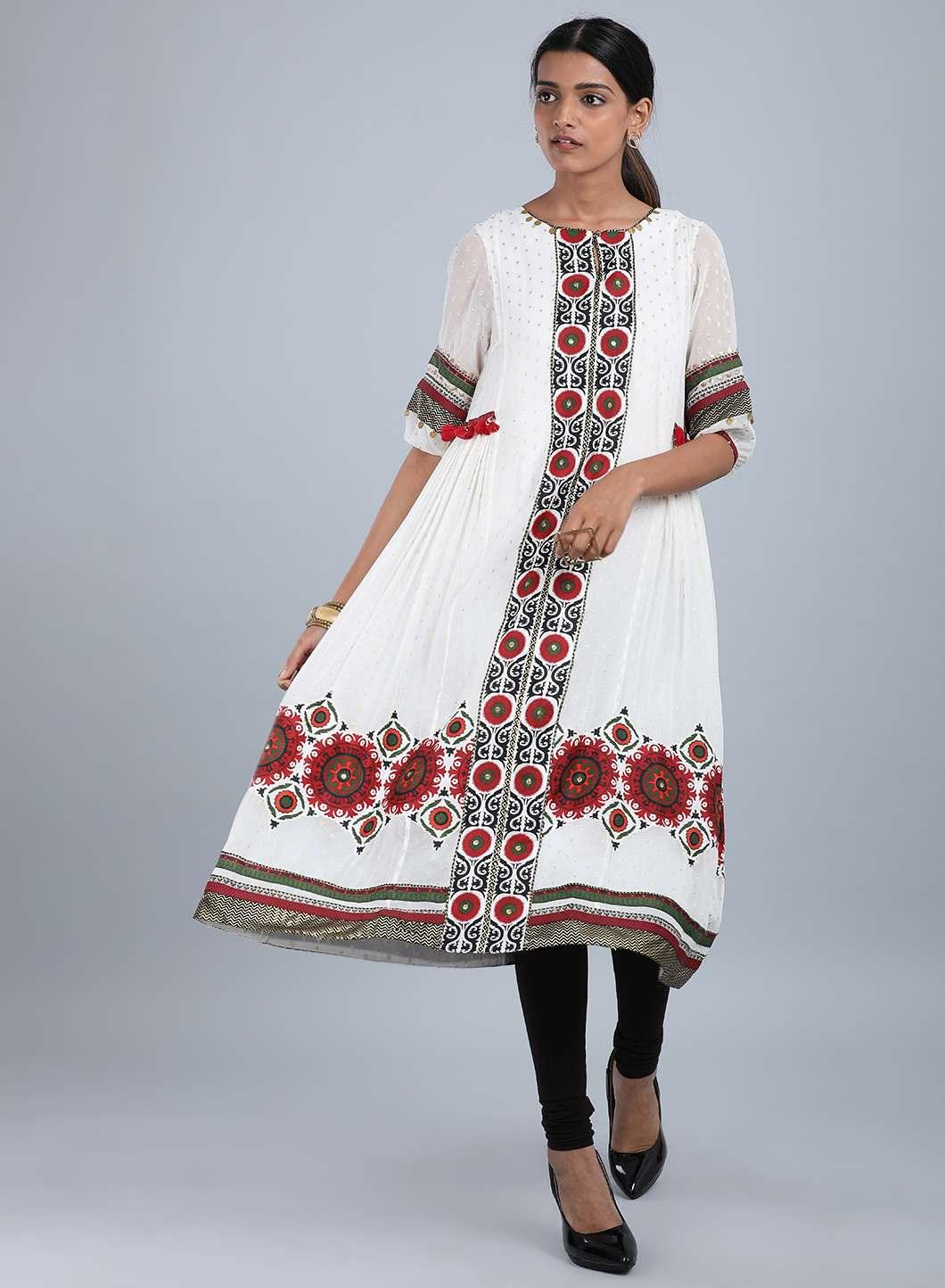 Ecru Round Neck Embellished kurta - wforwoman