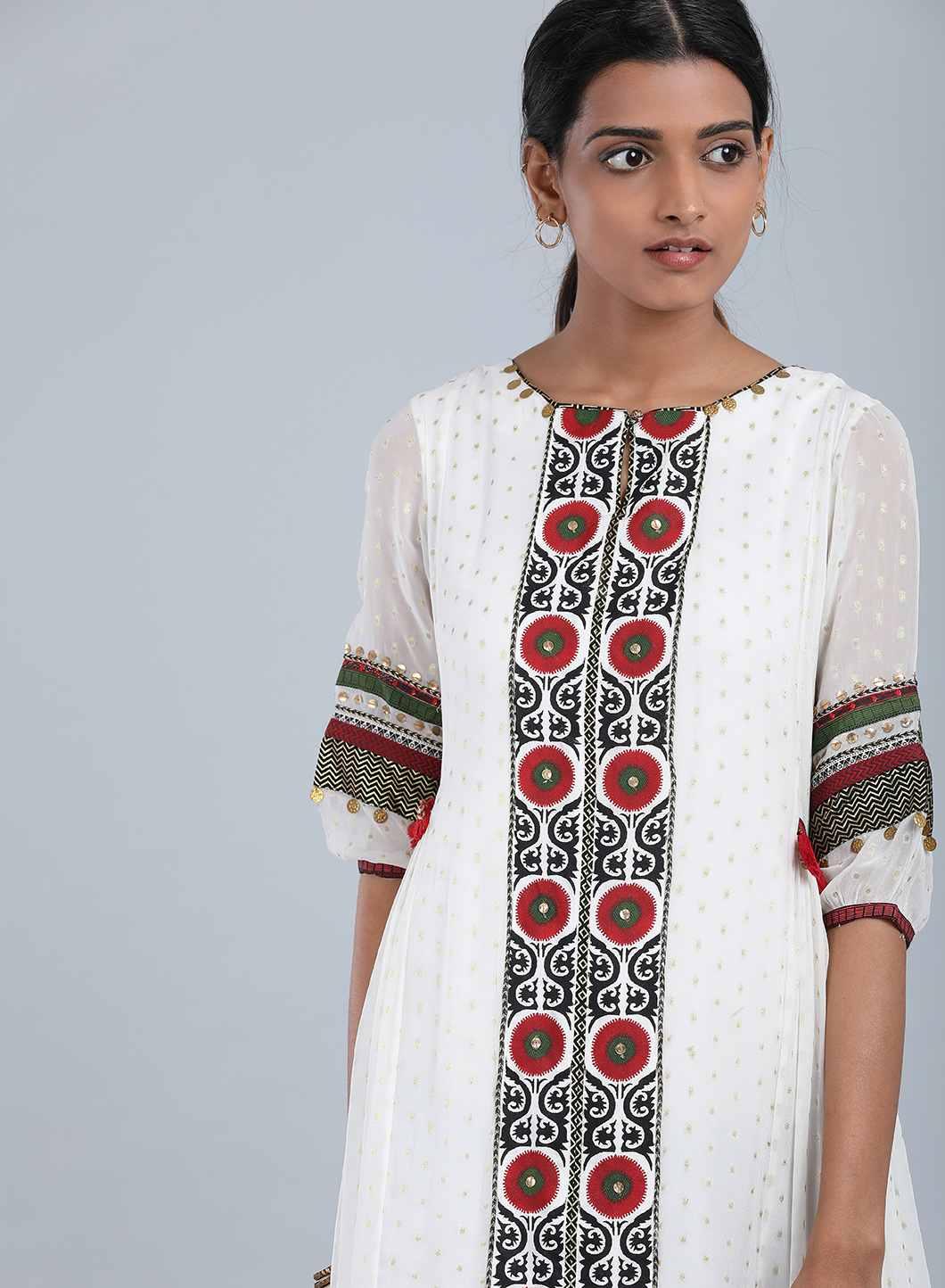 Ecru Round Neck Embellished kurta - wforwoman