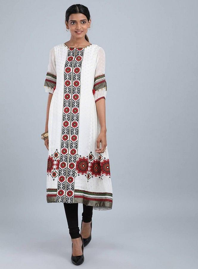 Ecru Round Neck Embellished kurta - wforwoman