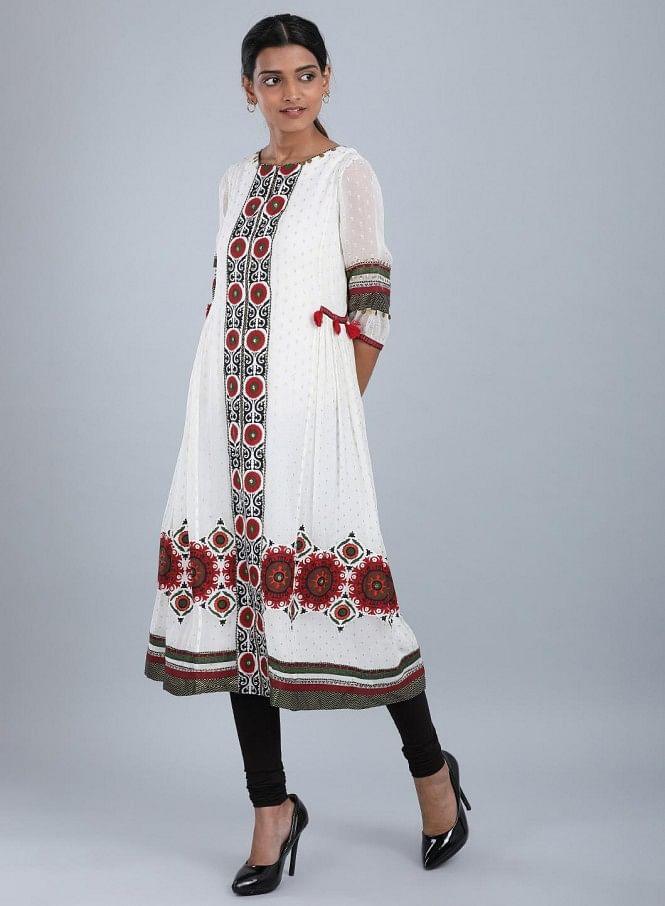 Ecru Round Neck Embellished kurta - wforwoman