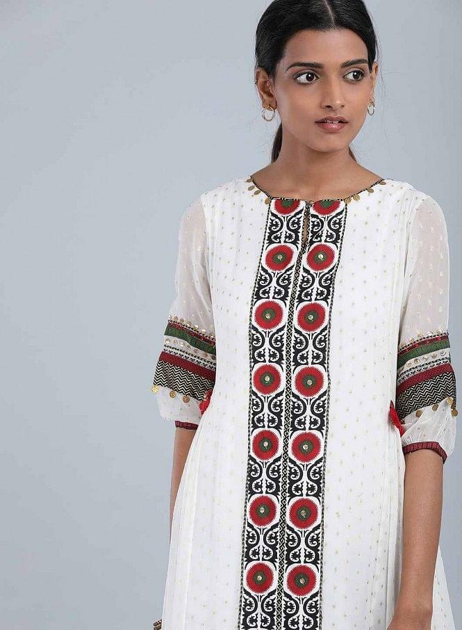 Ecru Round Neck Embellished kurta - wforwoman